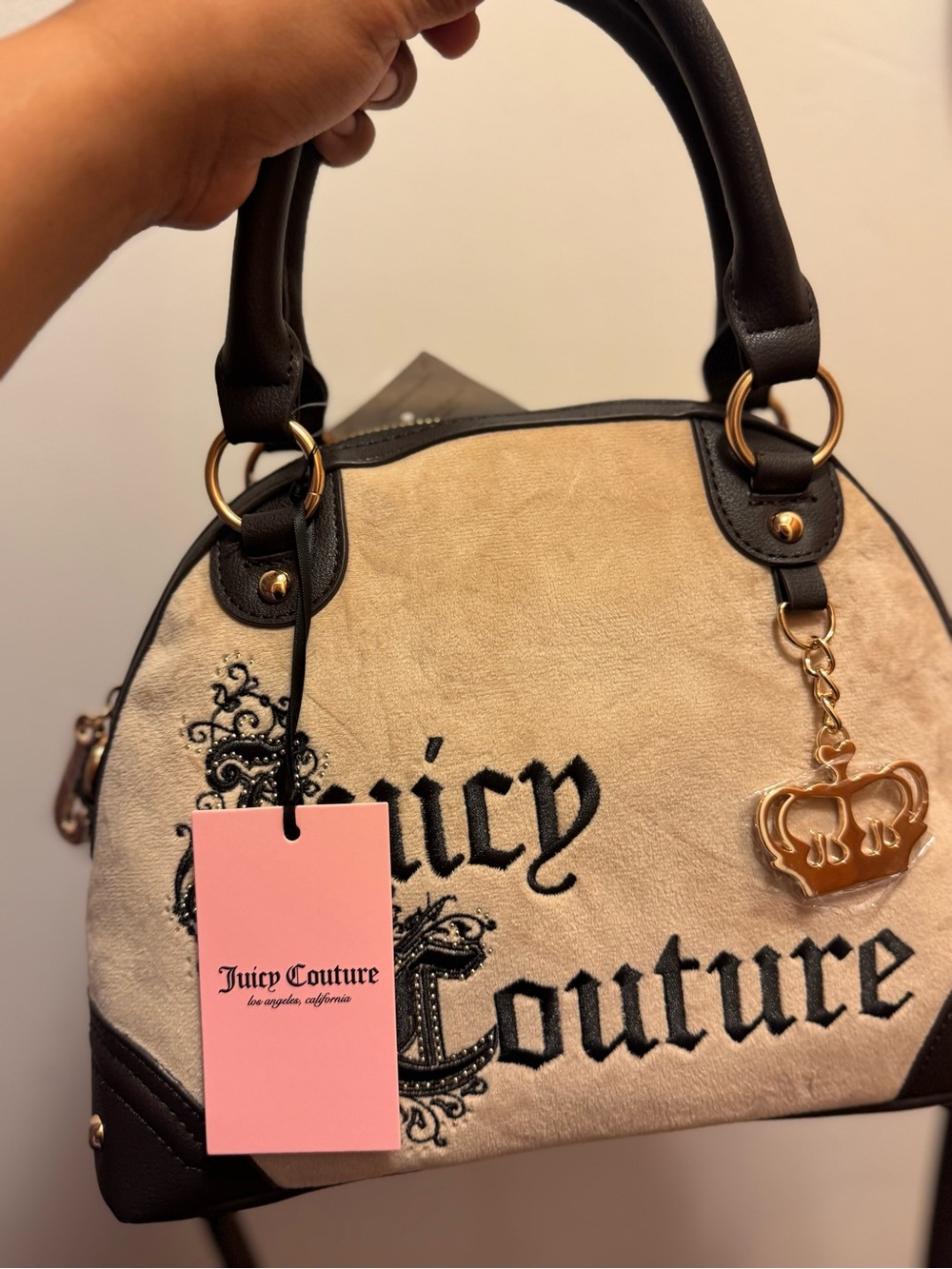 Juicy Couture Beige and Black Embroidered Dome Satchel with Crown Charm